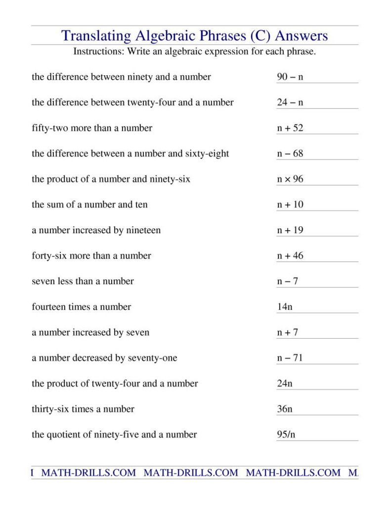 Math Phrases Worksheet