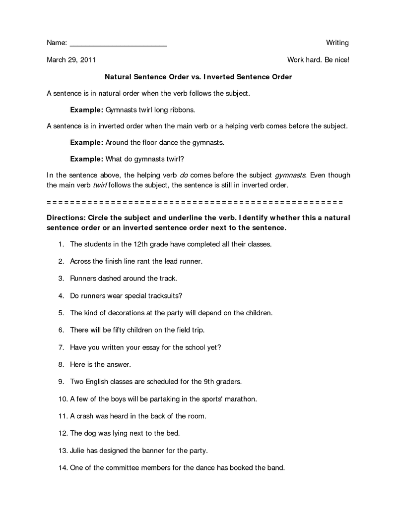 Natural And Inverted Sentences Worksheet Free Download Gambr co