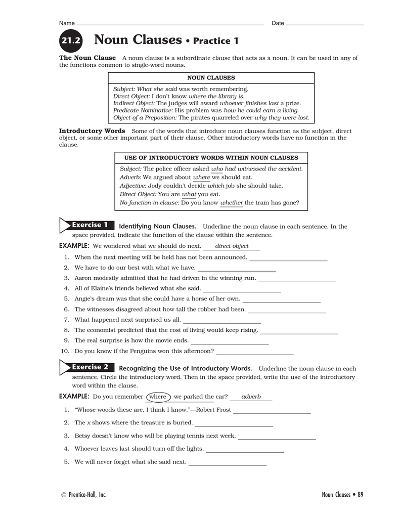 Noun Clauses Worksheet With Answers Pdf 9 Adjective Clause Examples 