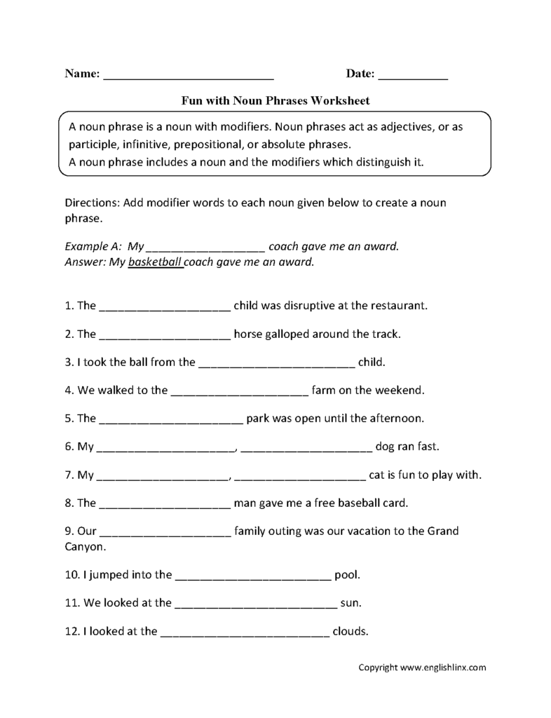 Noun Phrase Worksheet