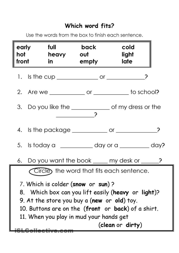 Opposites Fill In Sentence With Word Bank Sentence Structure Word 