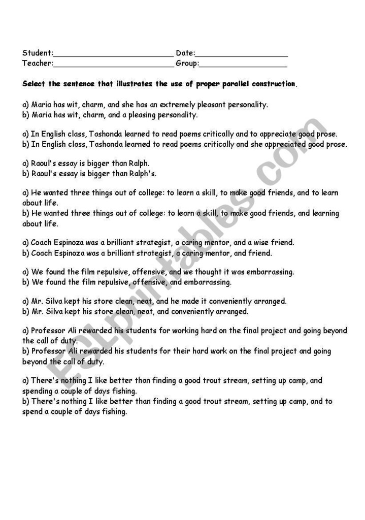 Parallel Structure Worksheet With Answers