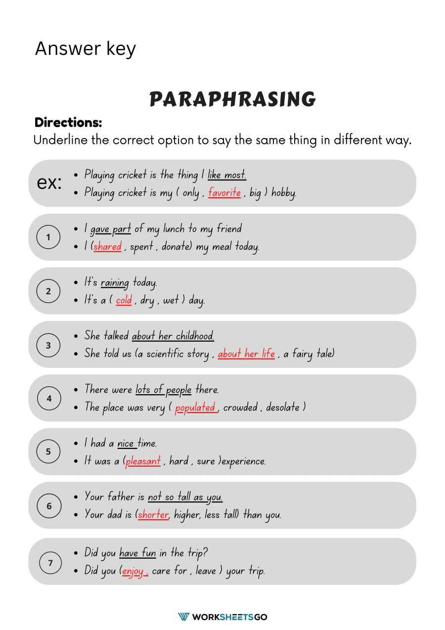 Paraphrasing Worksheets WorksheetsGO