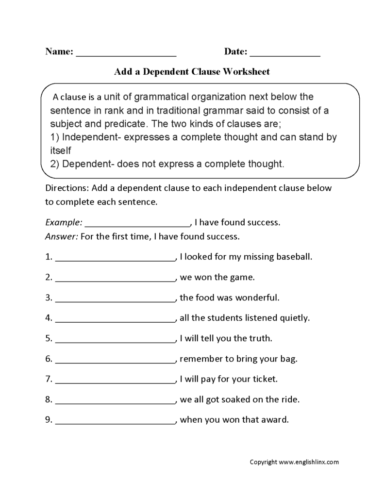 Parts Of A Sentence Worksheets Clause Worksheets Dependent Clause 