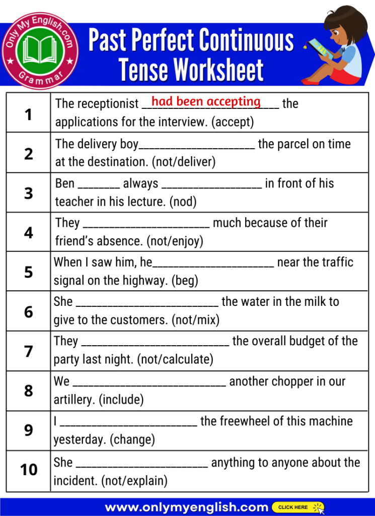 Past Perfect Continuous Tense Exercises With Answers Onlymyenglish