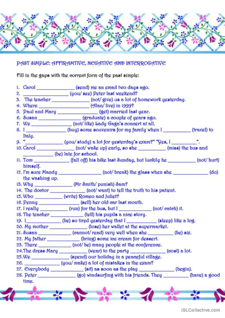 PAST SIMPLE AFFIRMATIVE NEGATIVE A English ESL Worksheets Pdf Doc