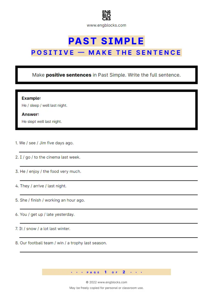 Past Simple Positive Make The Sentence Worksheet English Grammar