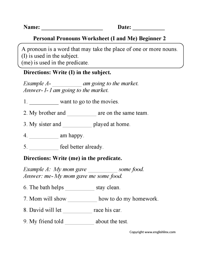 Personal Pronouns Worksheets I And Me Personal Pronouns Worksheets 