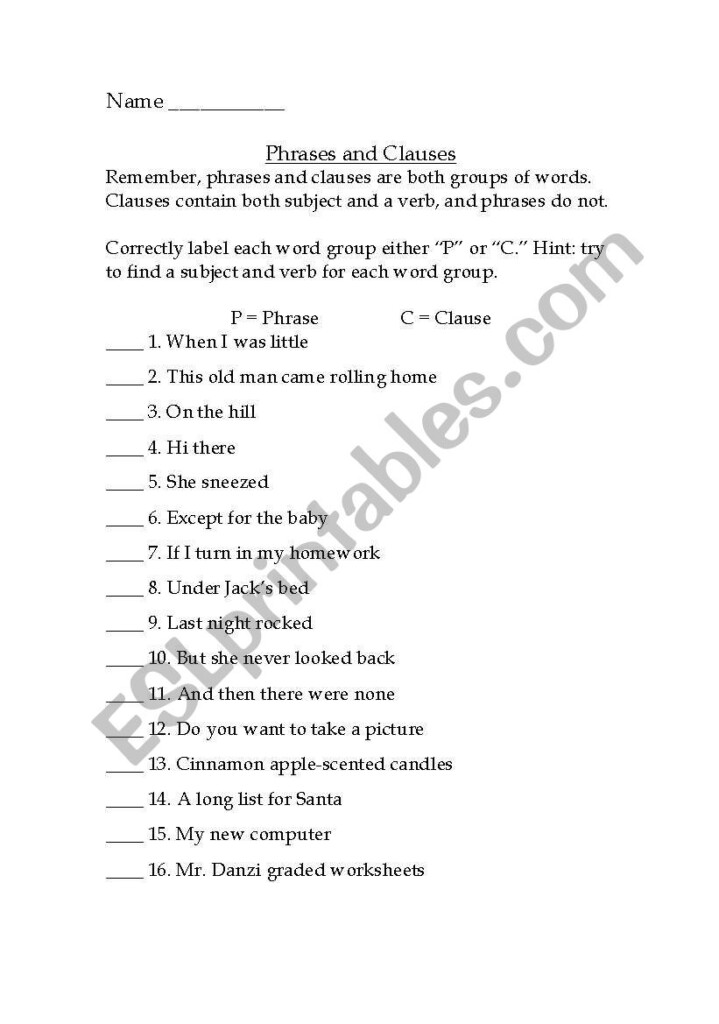 Phrase And Clause Worksheet