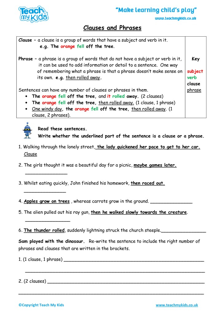 Phrase Clause And Sentence Worksheet