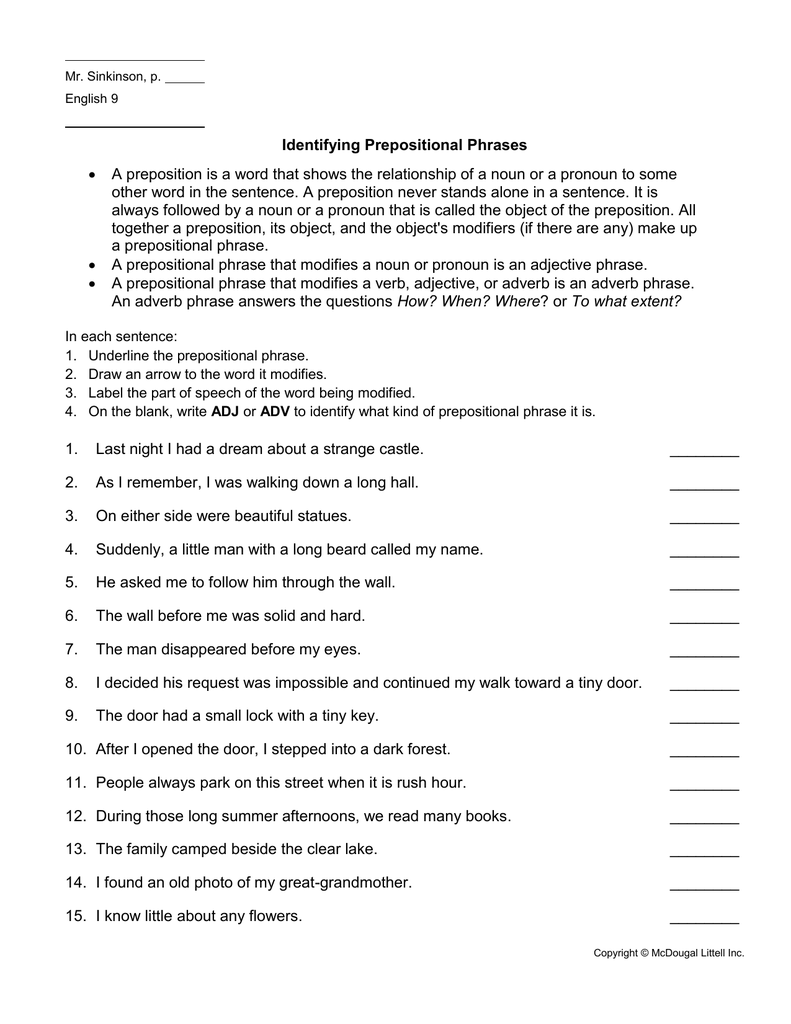 Prepositional Phrase Worksheet With Answers