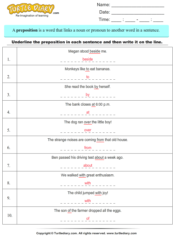 Prepositional Phrase Worksheet With Answers