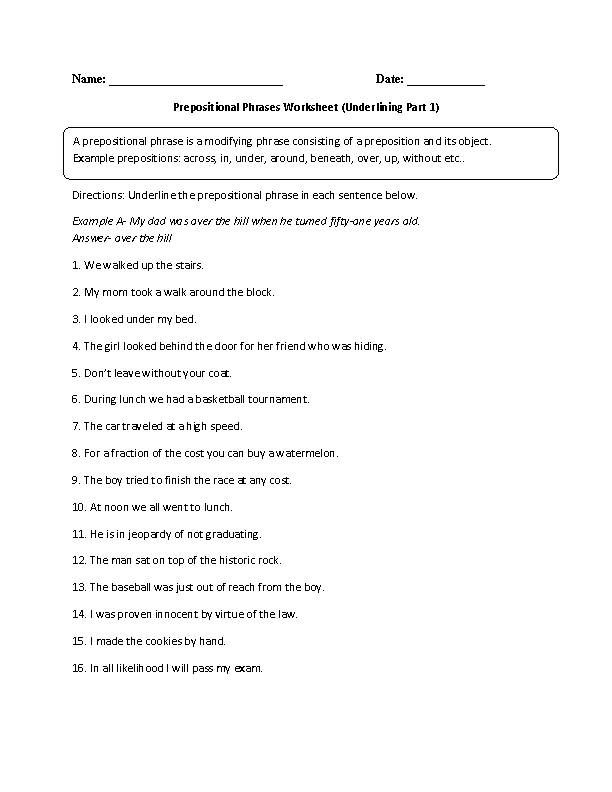 Prepositional Phrases Worksheet 5th Grade