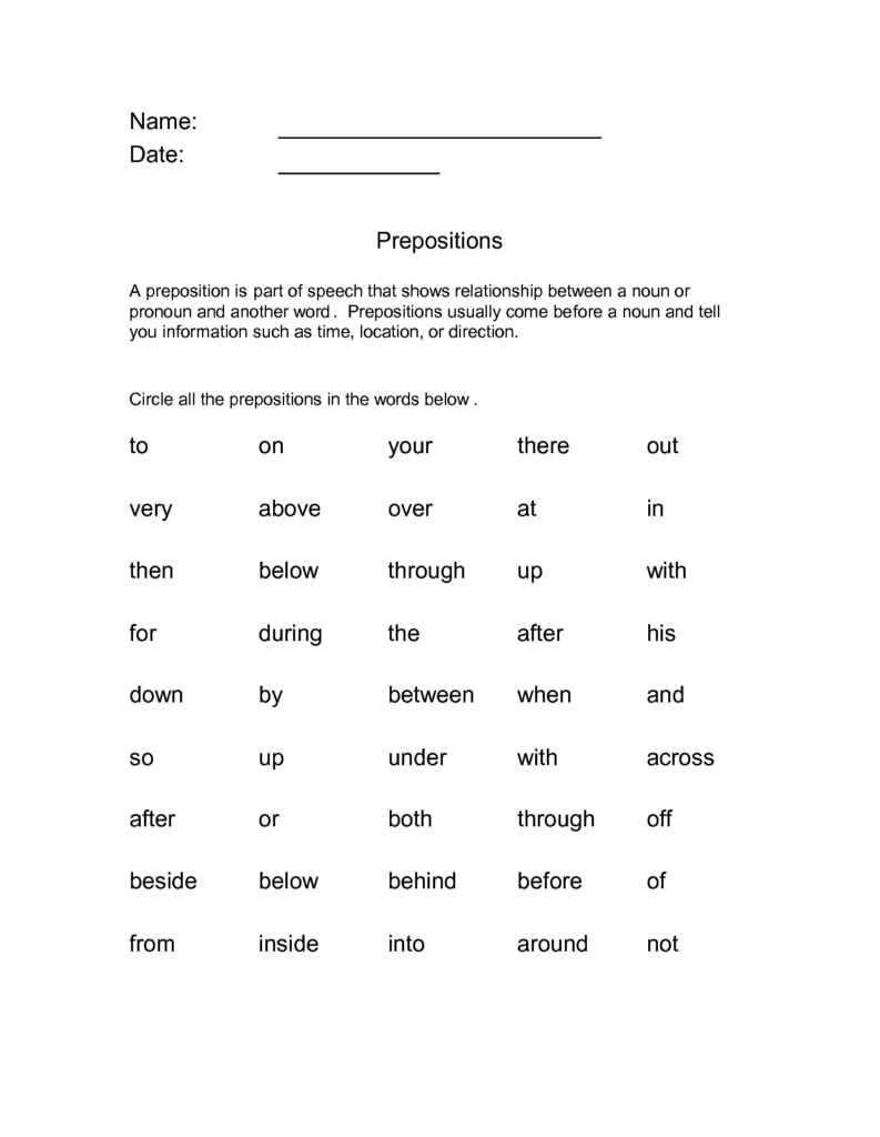 Prepositional Phrases Worksheets