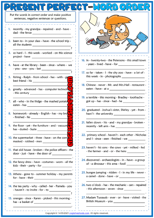 Present Perfect Tense ESL Word Order Exercise Worksheet