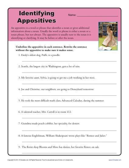 Printable Appositive Worksheets Learning How To Read