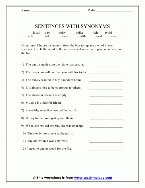 Printable Synonyms Worksheet