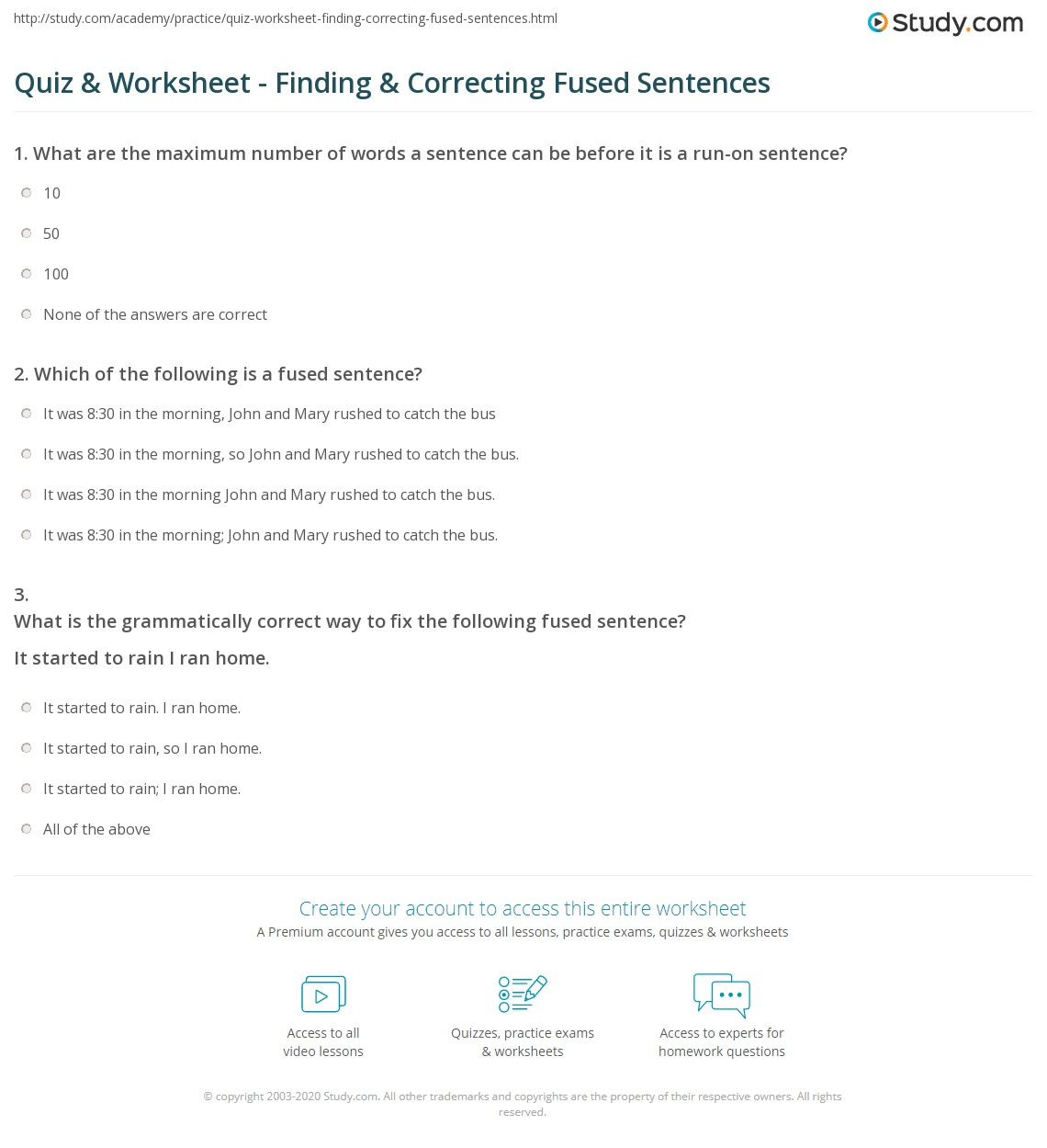 Quiz Worksheet Finding Correcting Fused Sentences Study
