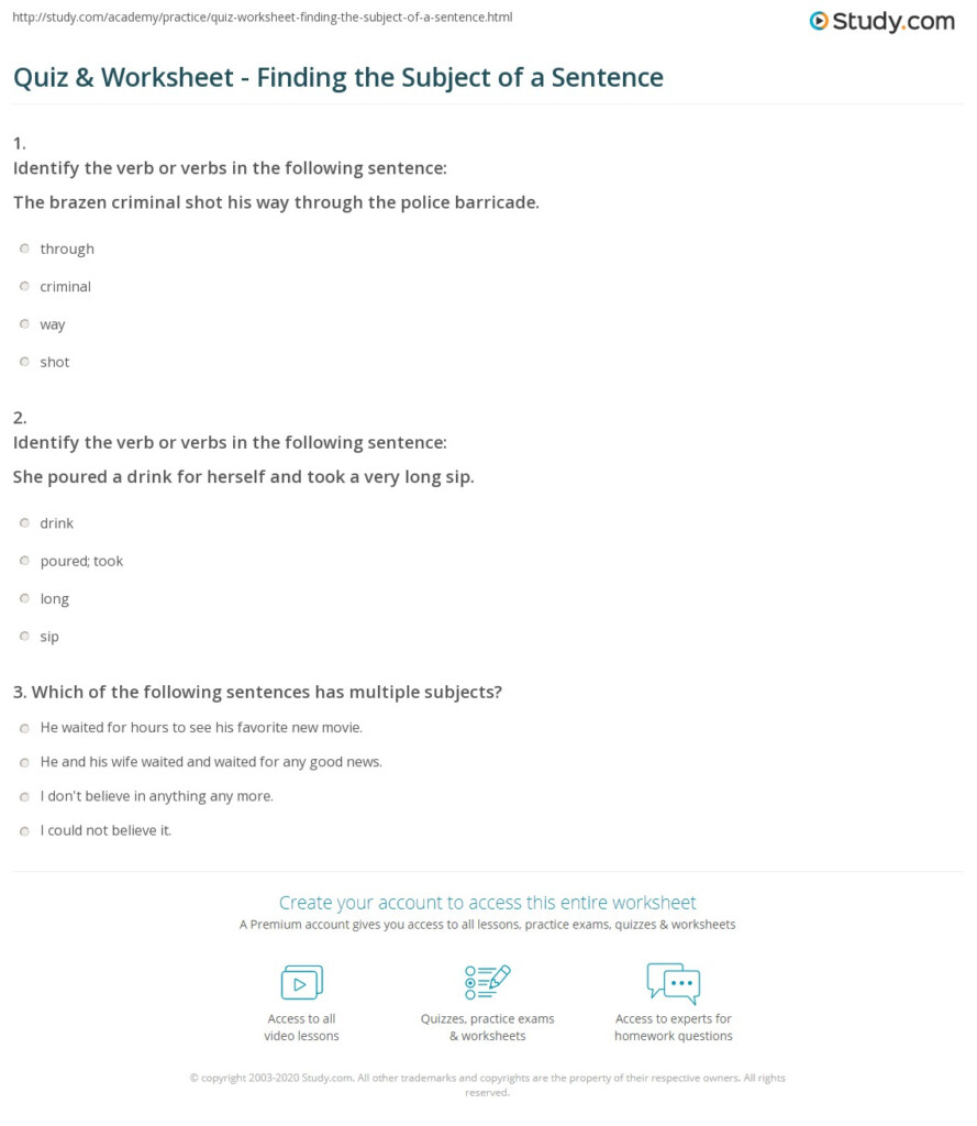 Quiz Worksheet Finding The Subject Of A Sentence Study