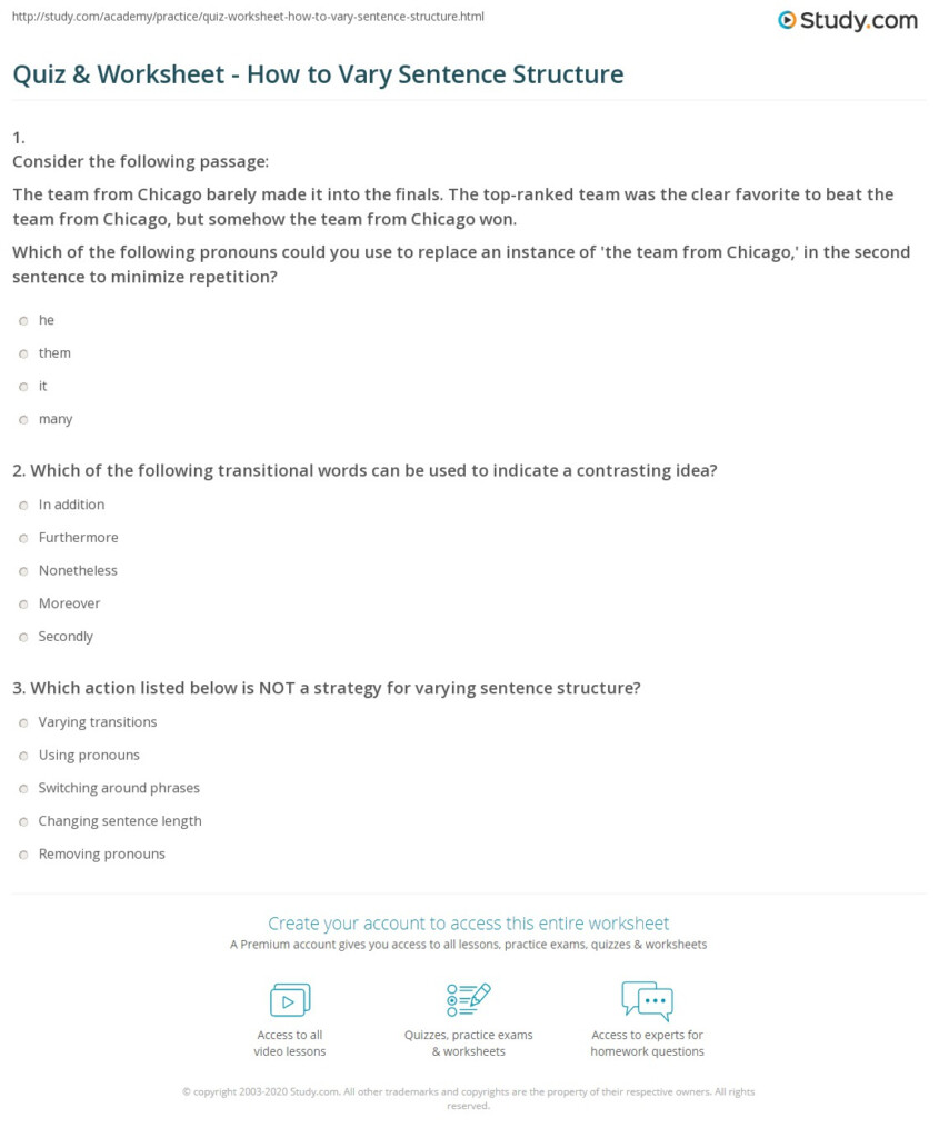 Quiz Worksheet How To Vary Sentence Structure Study