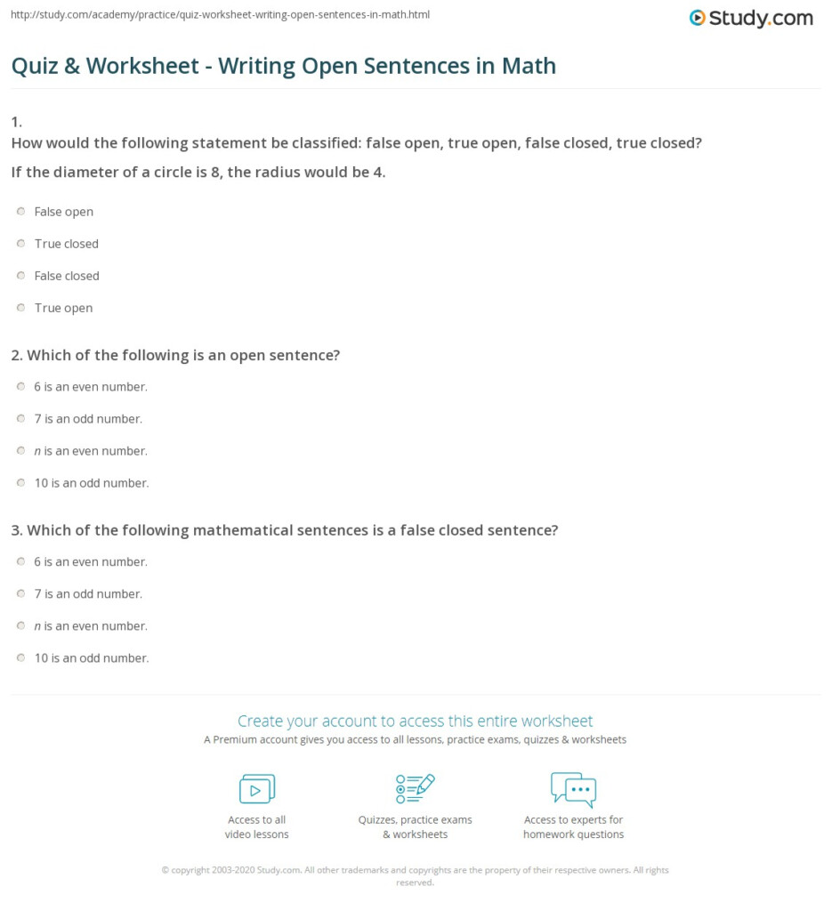 Quiz Worksheet Writing Open Sentences In Math Study