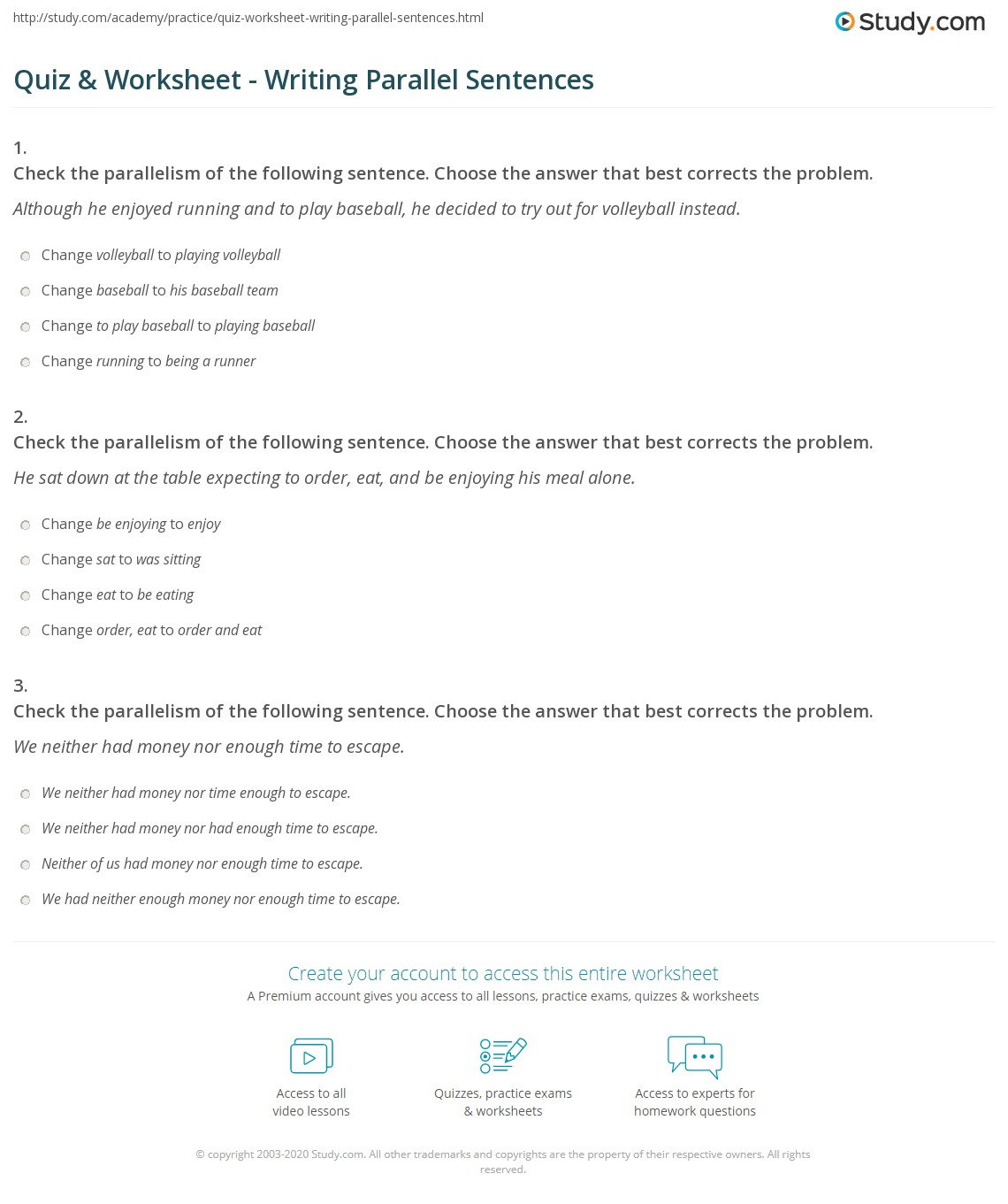 Quiz Worksheet Writing Parallel Sentences Study