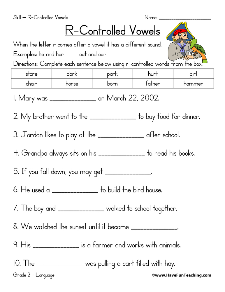 R Controlled Vowels Fill In The Blanks Worksheet Have Fun Teaching