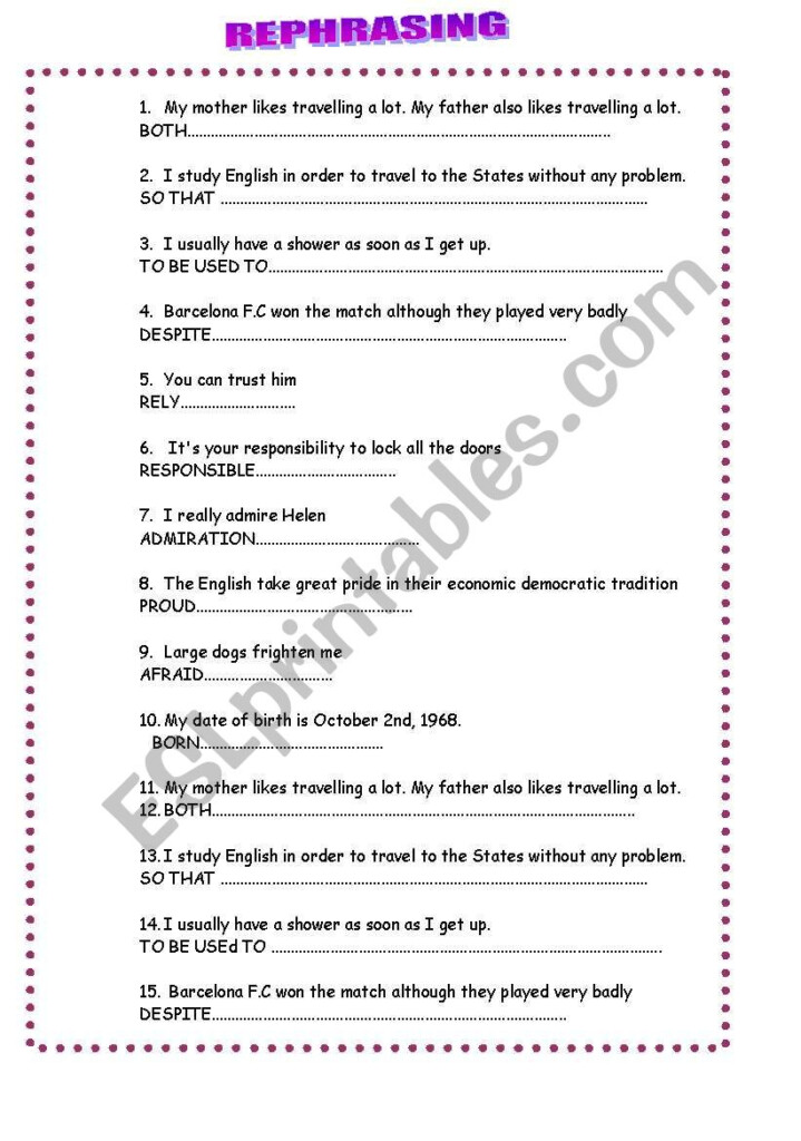 Rephrasing Sentences FCE ESL Worksheet By Vincentvan