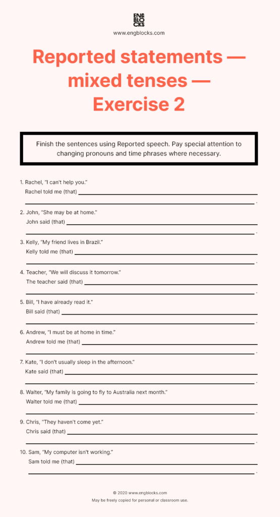 Reported Statements Mixed Tenses Worksheet 2 Reported Speech 