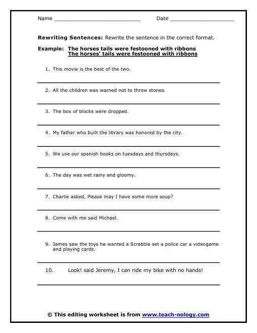 Rewriting Sentences Sentence Correction Worksheets Editing Writing 