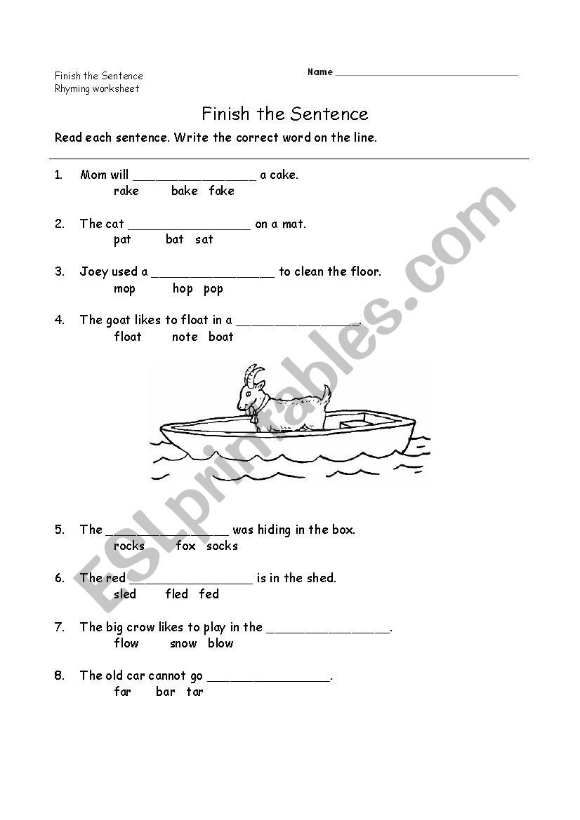 Rhyming Words Finish The Sentence ESL Worksheet By Farrahzulfiqar