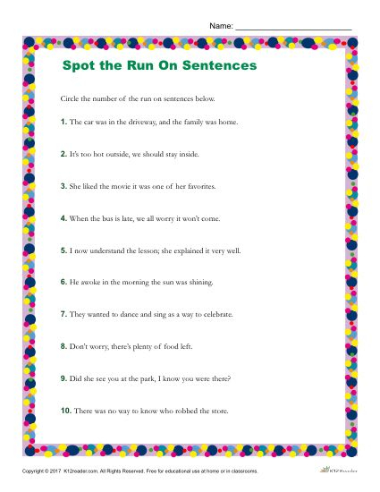 Run On Sentence Worksheet
