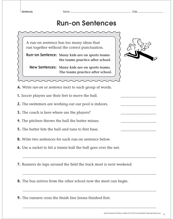 Run on Sentences Grammar Practice Page Printable Skills Sheets