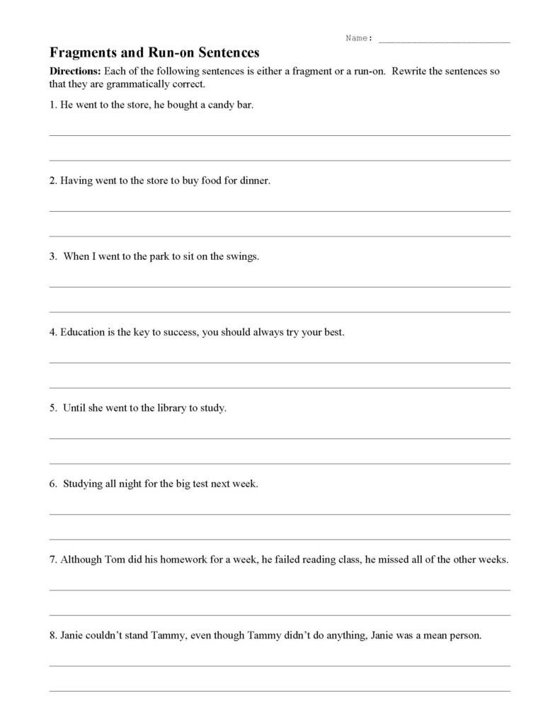 Run On Sentences Worksheet