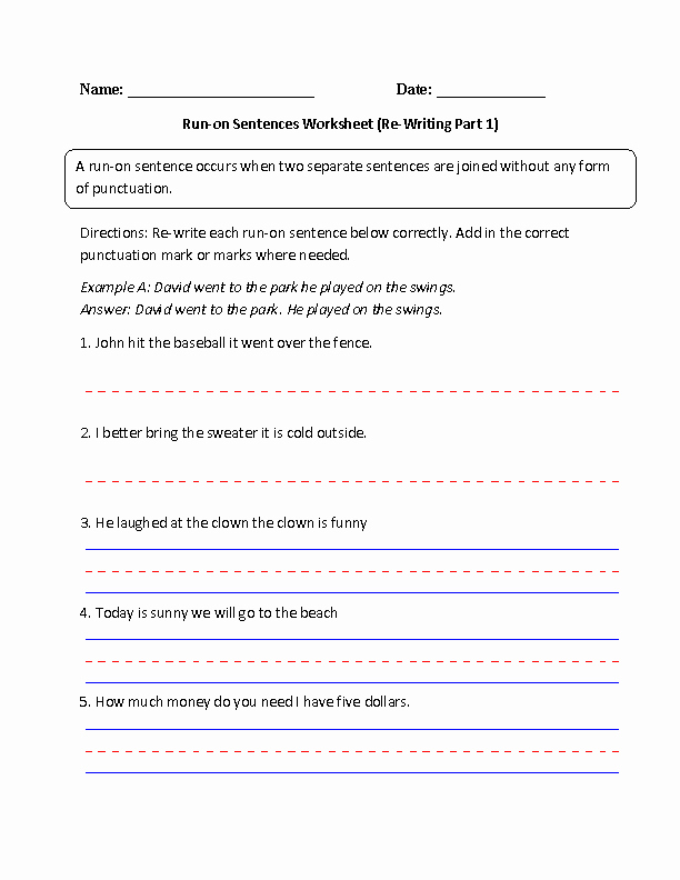 Run On Sentences Worksheet Grade 5
