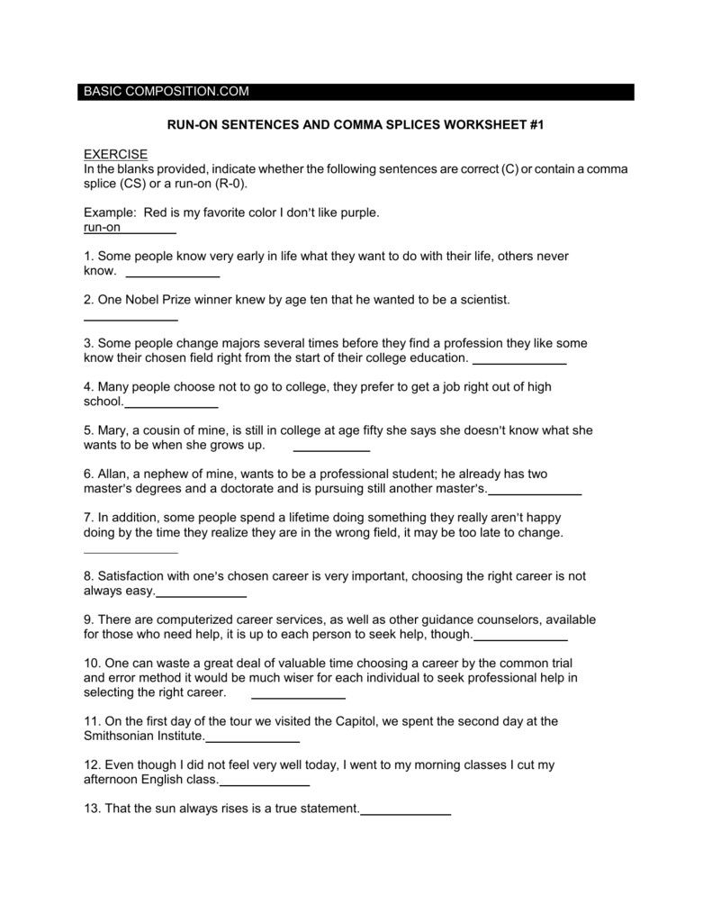 Run On Sentences Worksheet With Answers