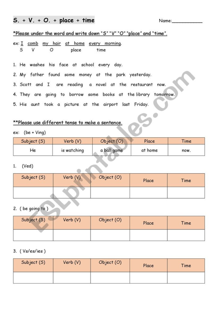 S V O Place Time ESL Worksheet By Gaby0215