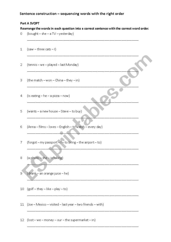 Sentence Construction ESL Worksheet By Bbcake