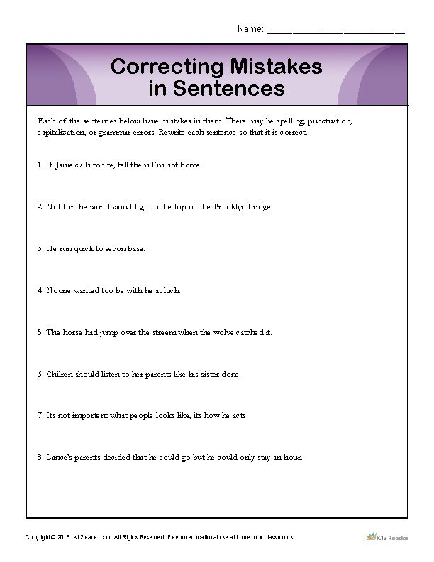 Sentence Correction Worksheets 3rd Grade