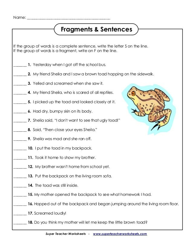 Sentence Fragment Worksheet 6Th Grade