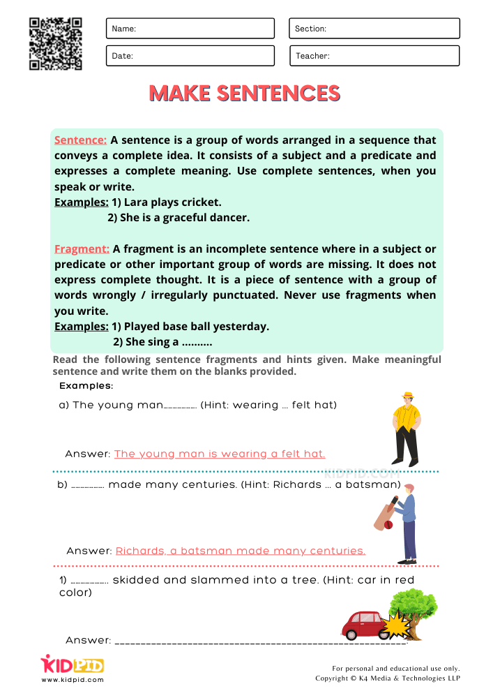 Sentence Fragment Worksheet With Answers