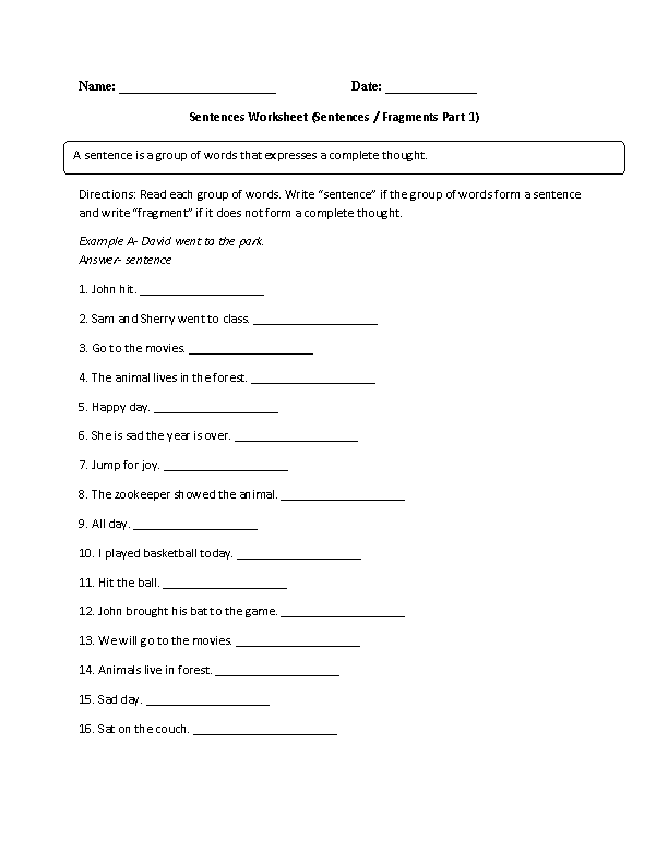 Sentence Fragments Worksheet With Answers