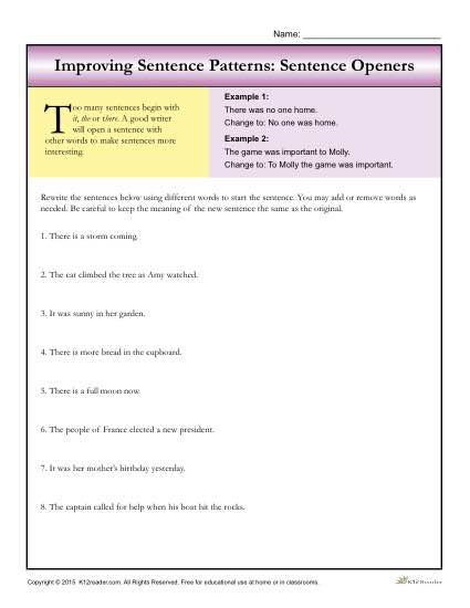 Sentence Patterns Sentence Openers Writing Worksheets