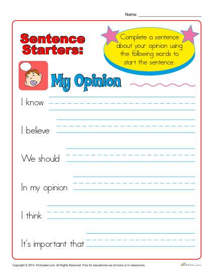 Sentence Starters For Kindergarten And 1st Grade My Opinion