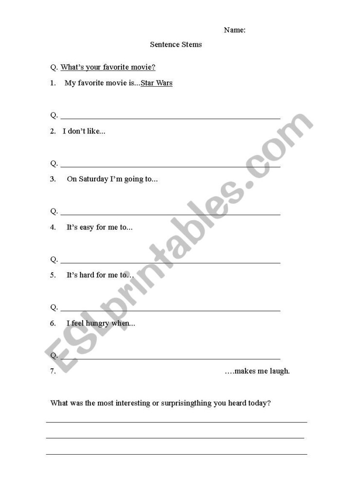 Sentence Stems ESL Worksheet By Howdy