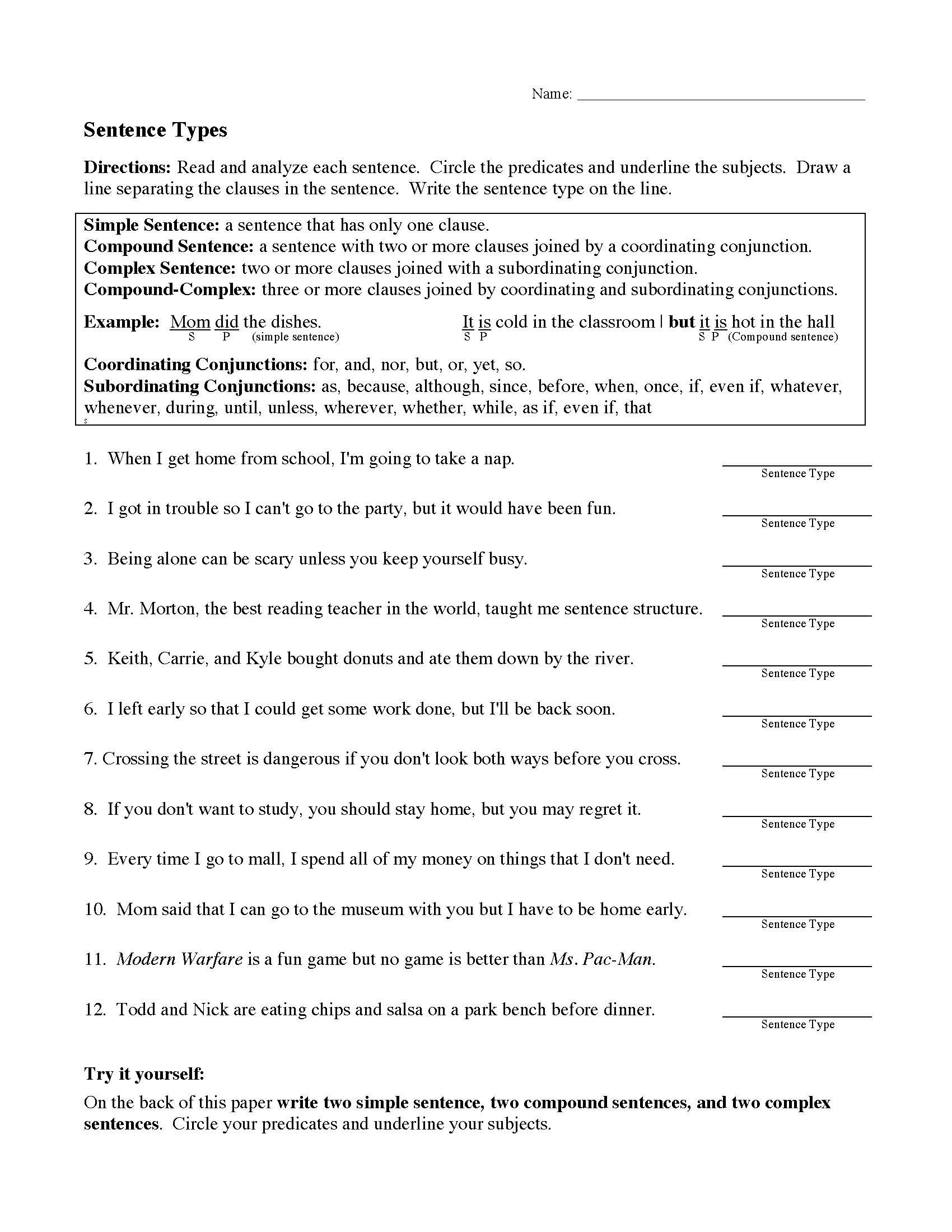 Sentence Structure Worksheets