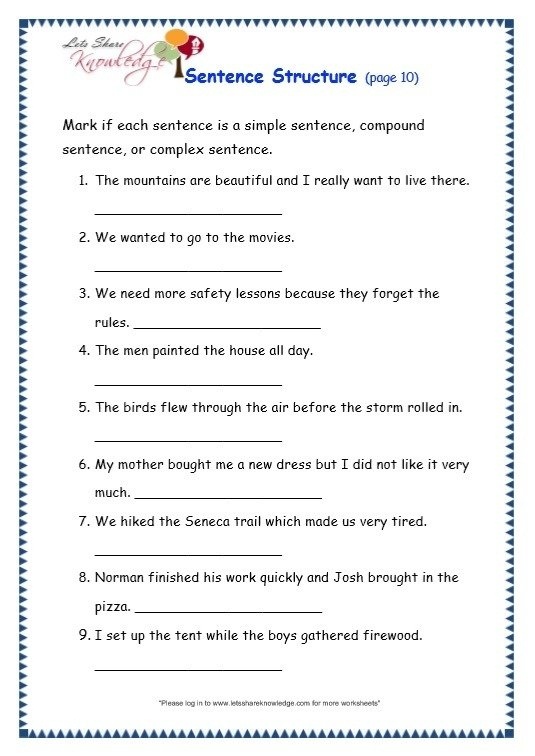 Sentence Structure Worksheets 7th Grade Worksheets Master