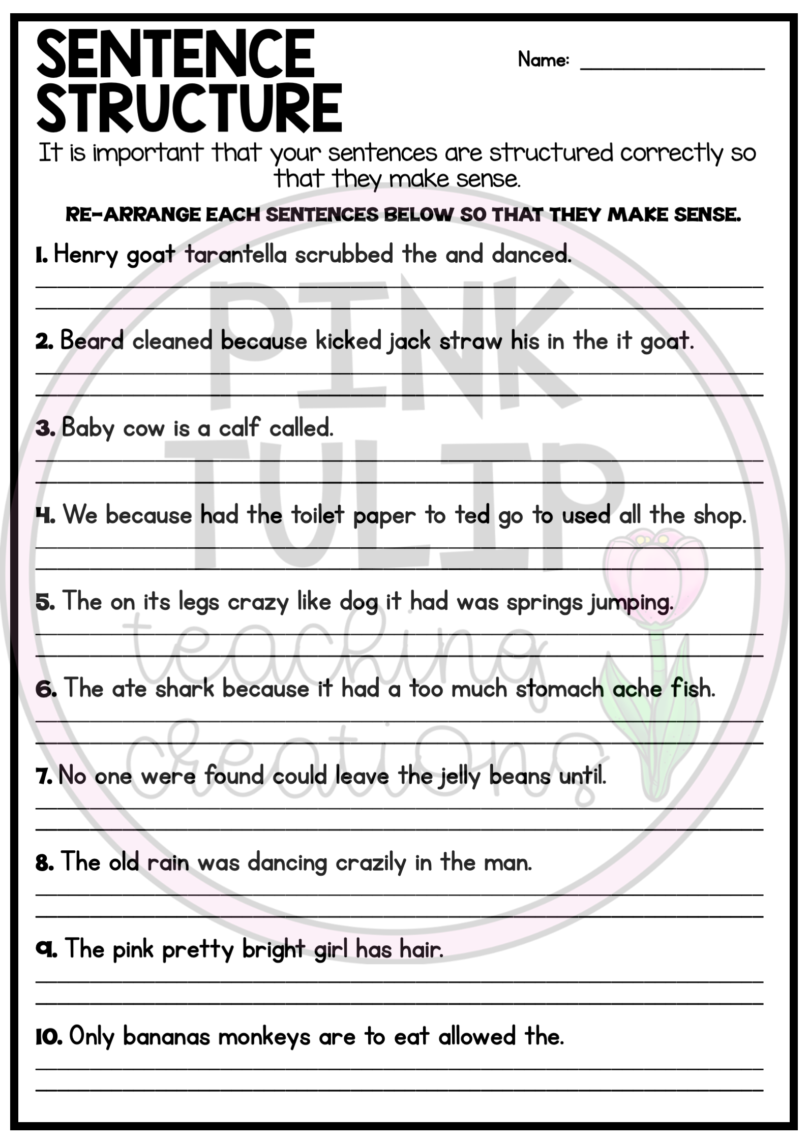 Sentence Structure Worksheets No Prep Printables Parts Of Speech