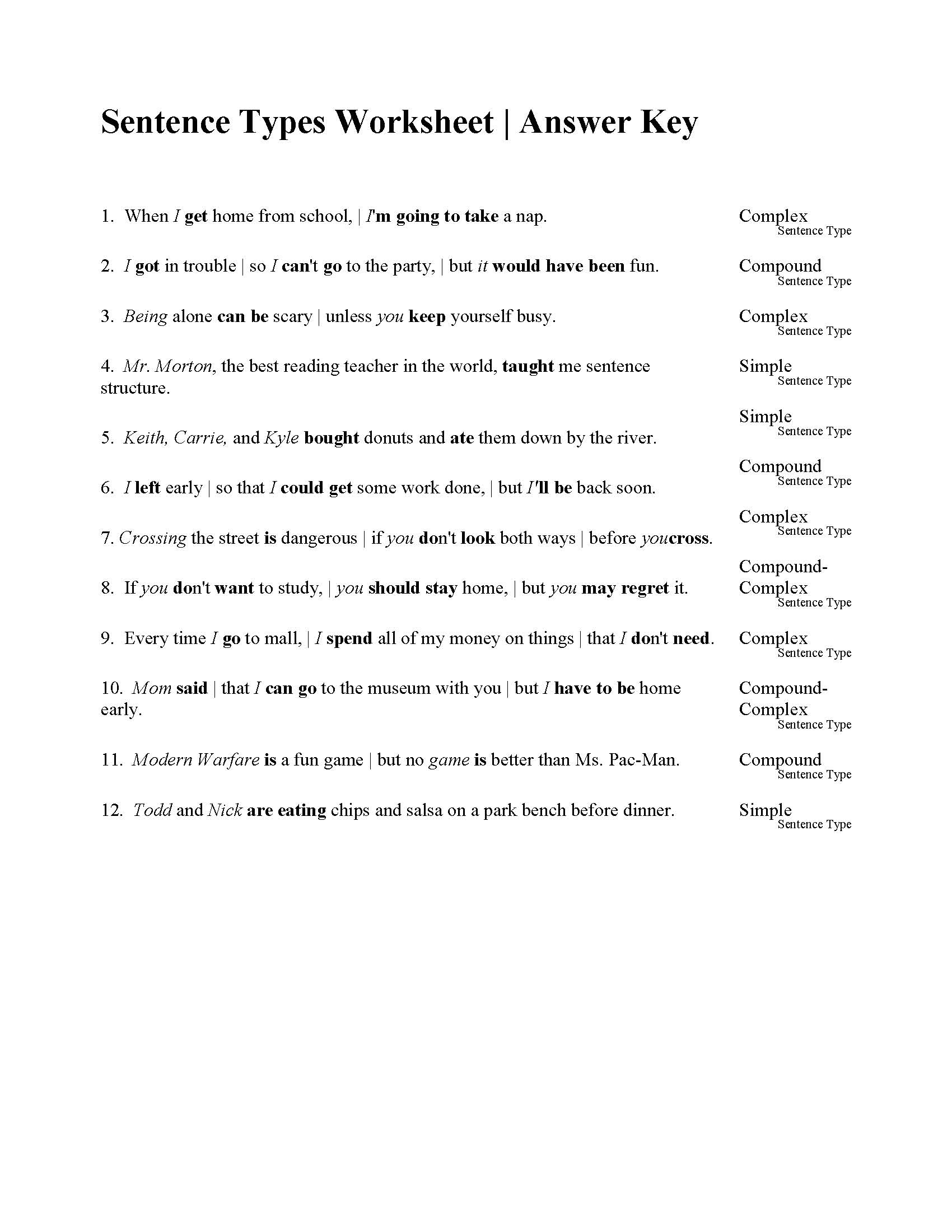 Sentences Types Worksheet Answers