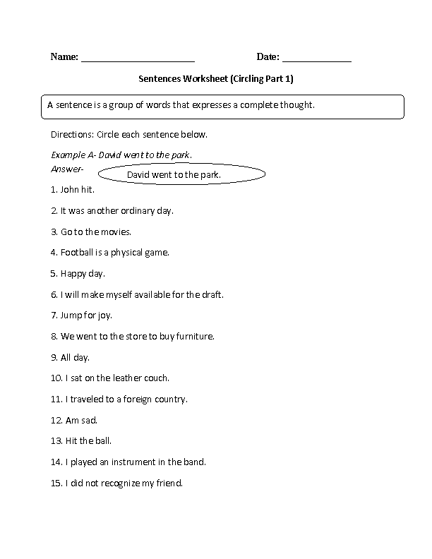 Sentences Worksheets Simple Sentences Worksheet Simple Sentences 